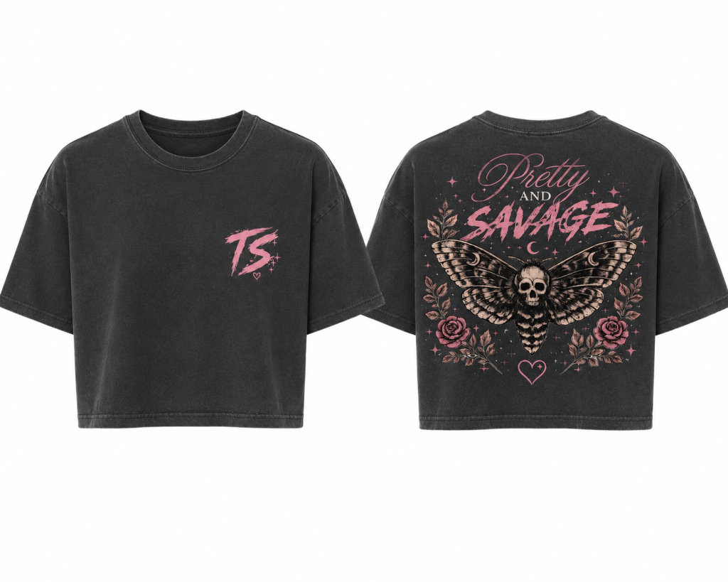 Pretty and Savage women's gym apparel cropped tee with skull-and-roses back graphic