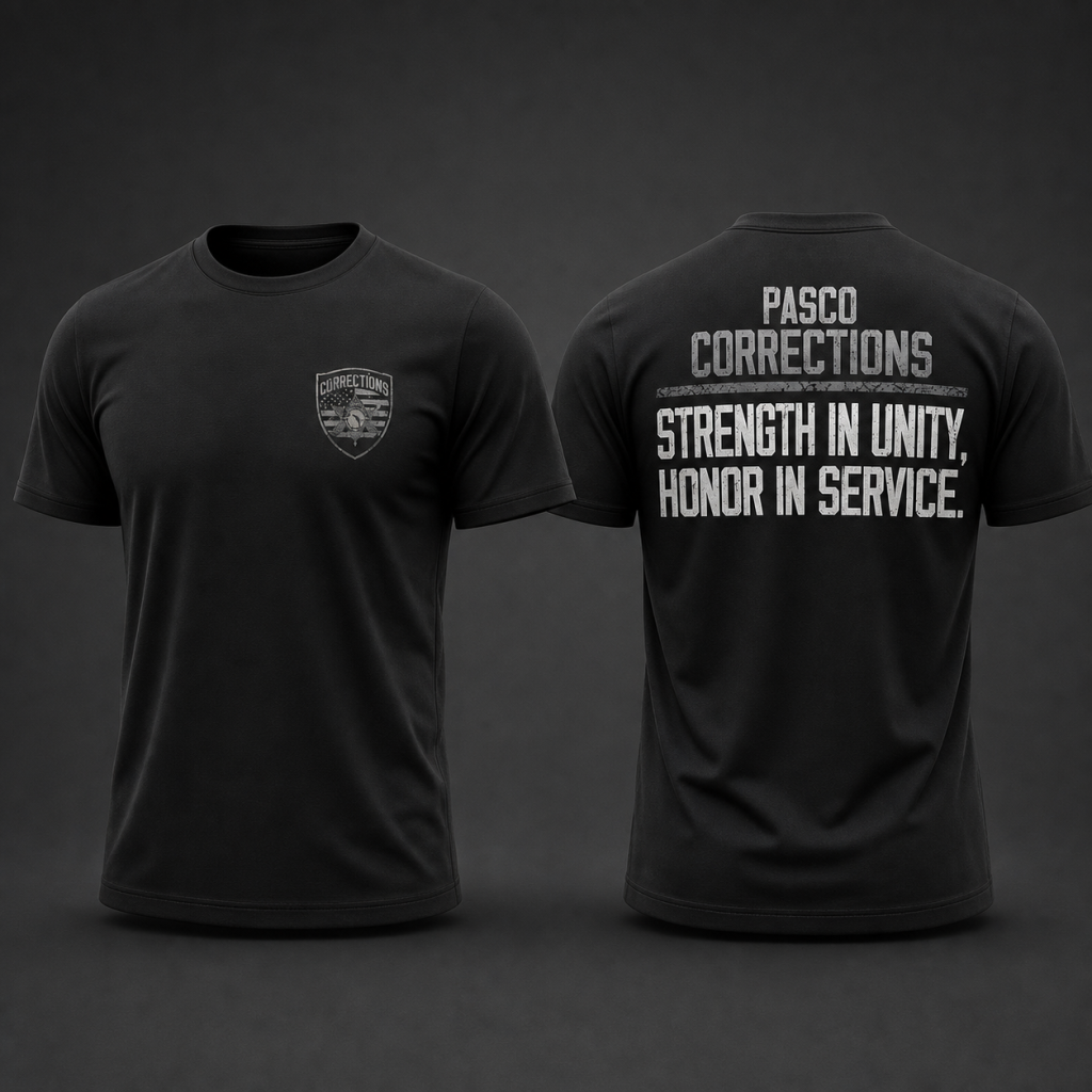Pasco Corrections Strength in Unity law enforcement tee in black with front and back graphic