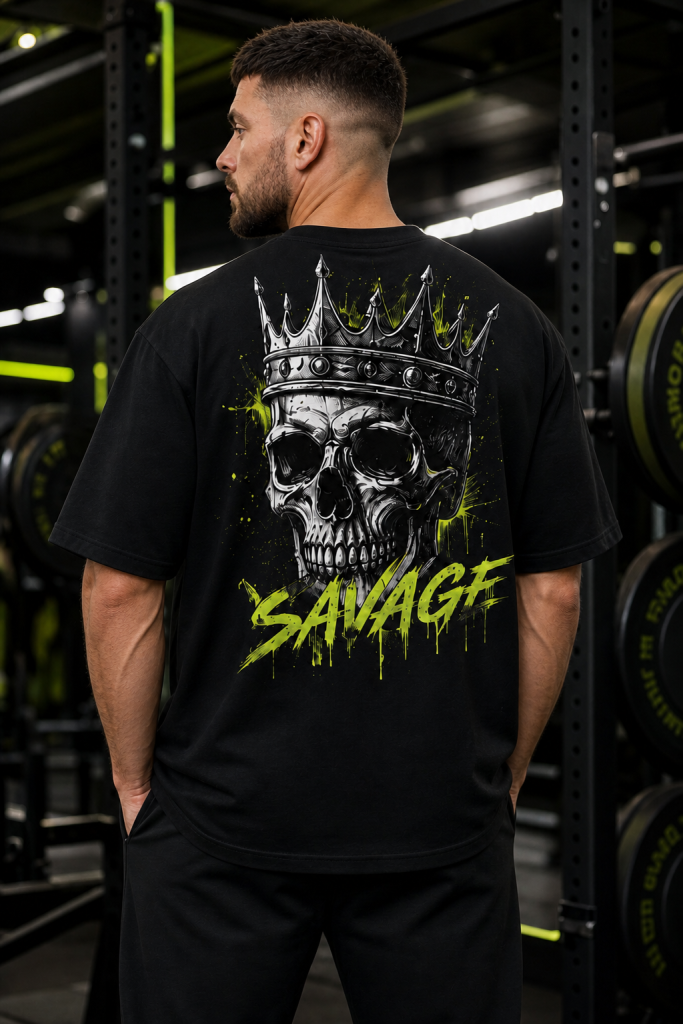 Savage King men's gym t-shirt in black with crowned skull SAVAGE back graphic