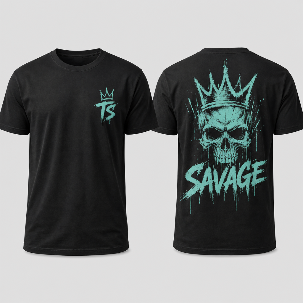 Black Tiffany Savage crown skull men’s tee front and back