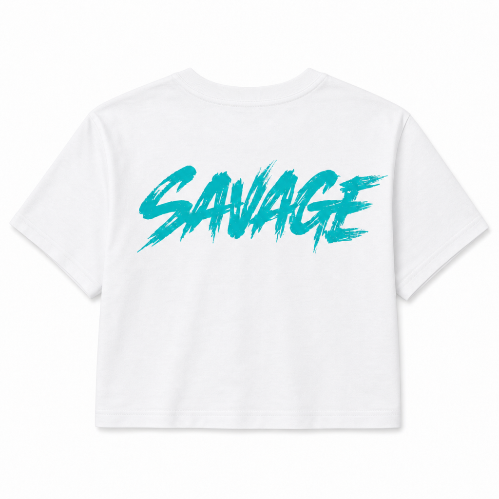 Tiffany Blue Savage women's gym crop top in white with Tiffany blue heart mark and SAVAGE back graphic