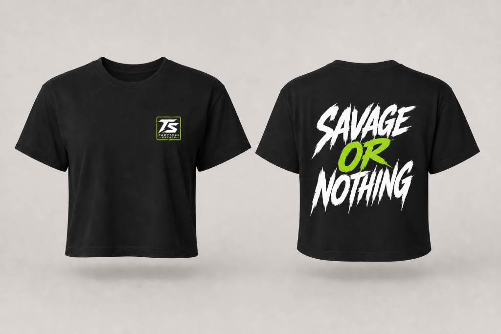 Savage or Nothing women's workout crop top with drop-shoulder fit and front-and-back graphic