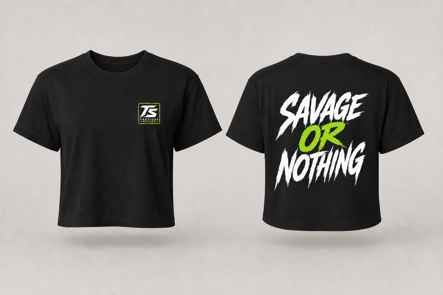 Savage or Nothing women's workout crop top with drop-shoulder fit and front-and-back graphic