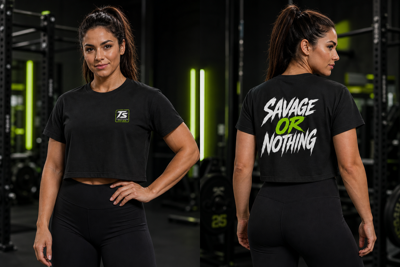 Woman wearing Savage or Nothing black crop top in the gym