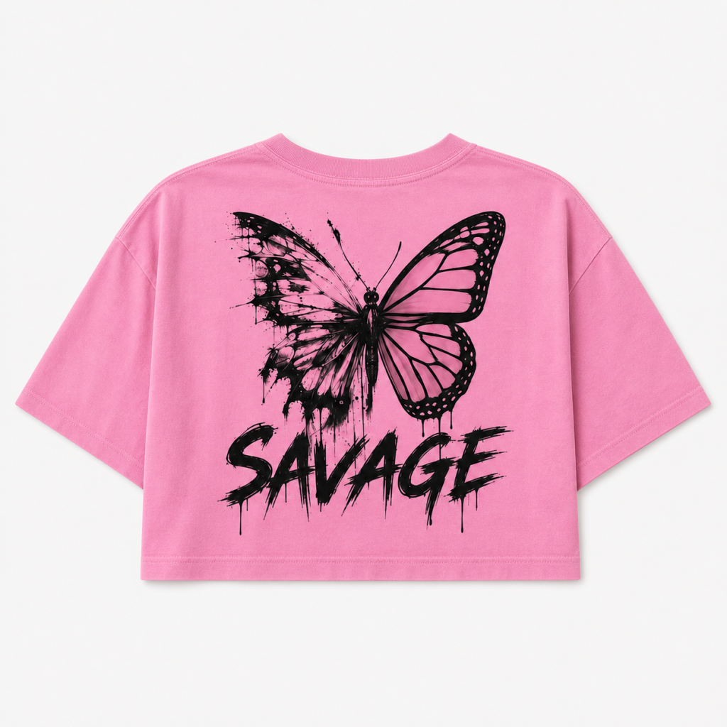 Savage Butterfly pink women’s crop top back with SAVAGE graphic