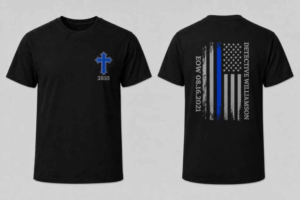 Detective Williamson Thin Blue Line Memorial Tee - black law enforcement EOW tribute t-shirt front and back design