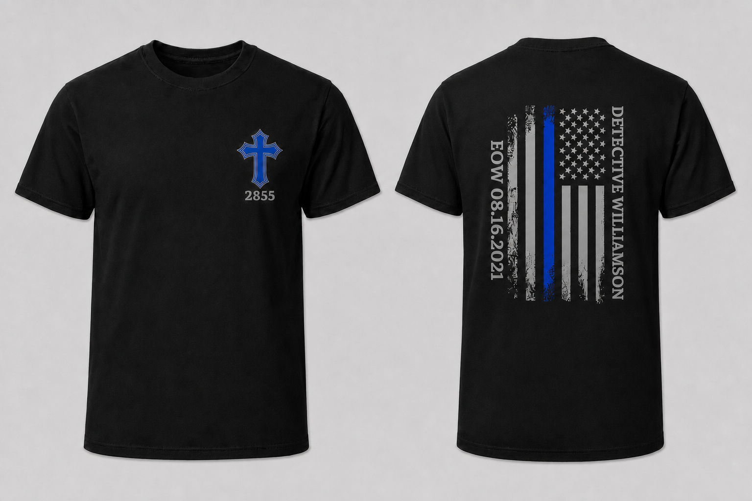 Detective Williamson Thin Blue Line Memorial Tee - black law enforcement EOW tribute t-shirt front and back design