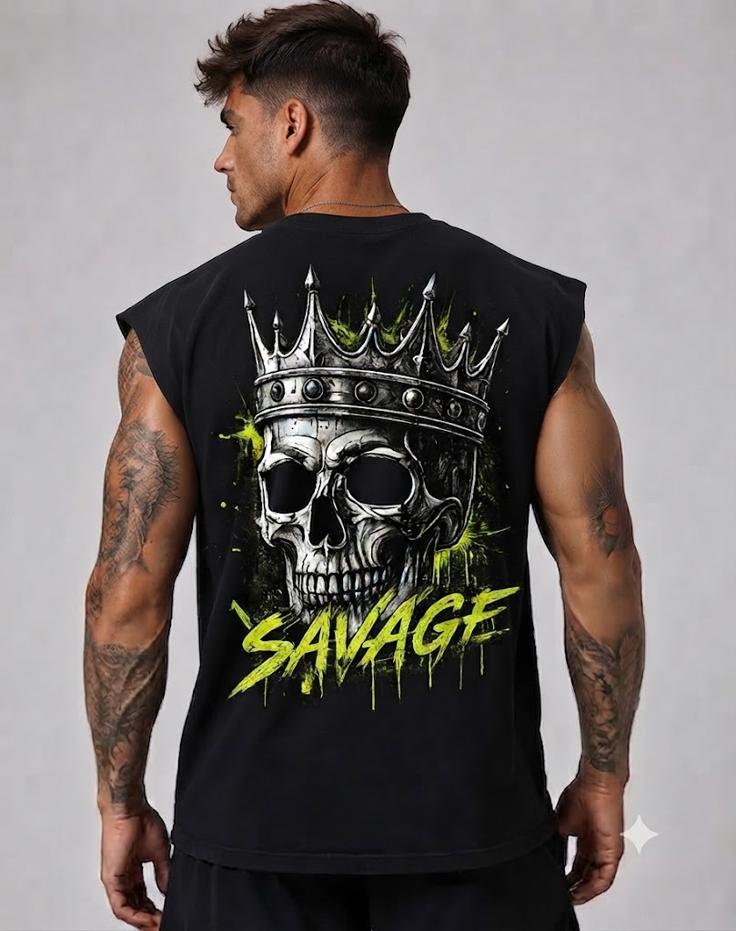 Heavy Weight Cutoff Oversized Tee in black with green crown skull Design Studio graphic example