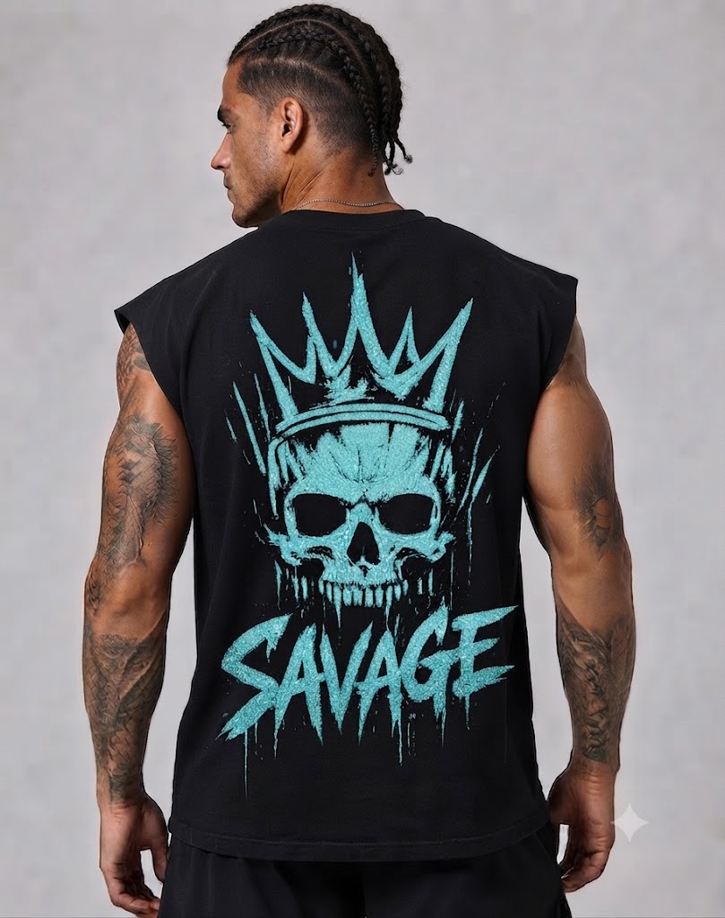 Heavy Weight Cutoff Oversized Tee in black with teal crown skull Design Studio graphic example